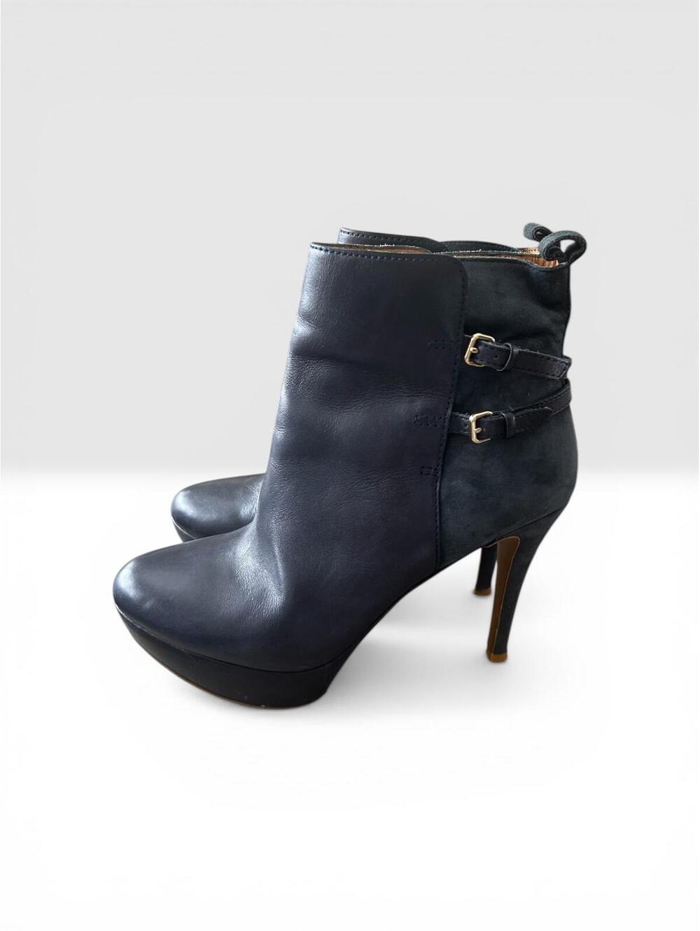 Zara navy leather suede platform ankle boots buckle heels size 8 - Picture 2 of 11